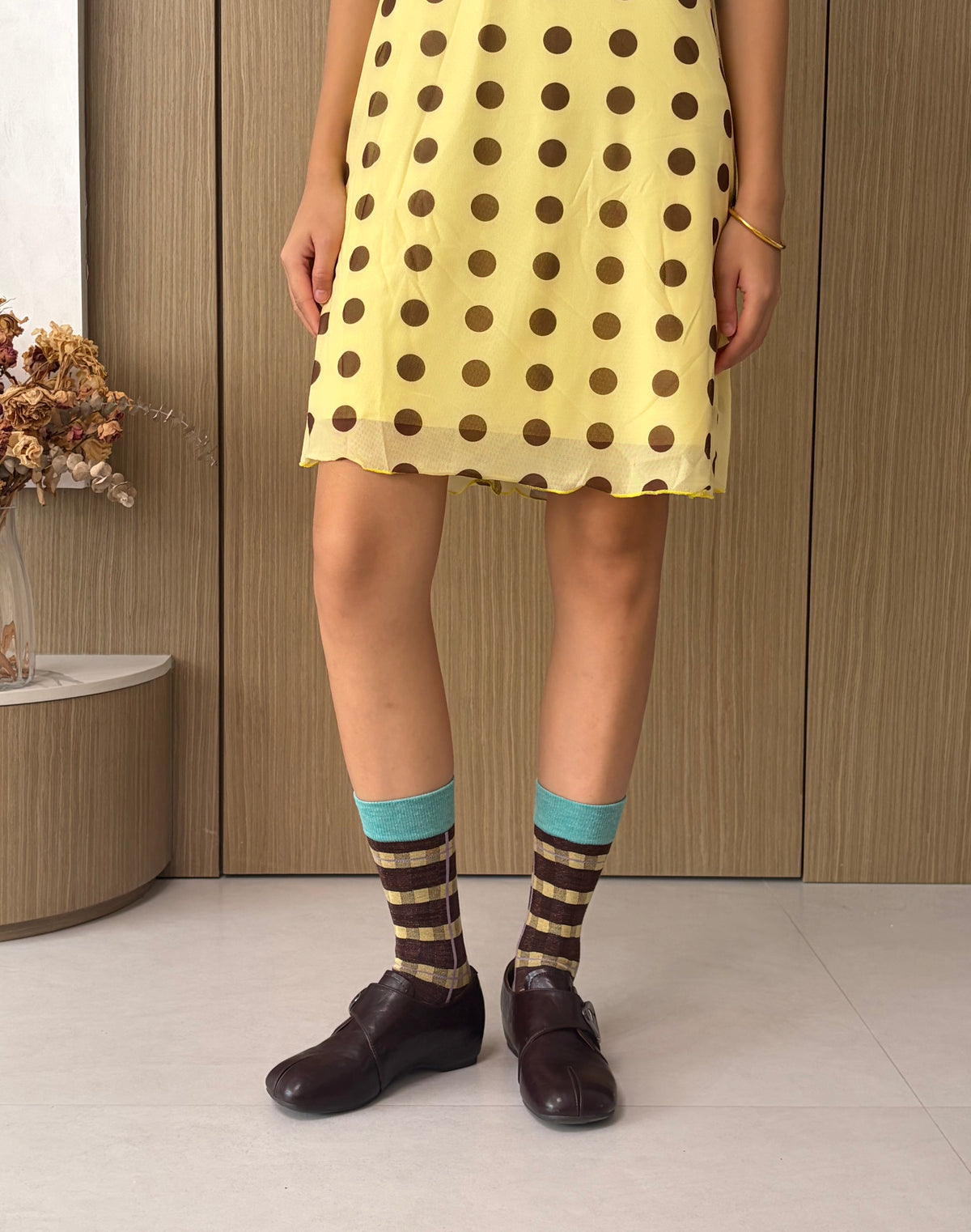 Brown & Mustard Plaid Socks with Contrast Trims