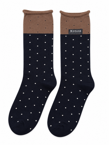 Navy & Brown Polka Dot Socks with Rolled Cuffs