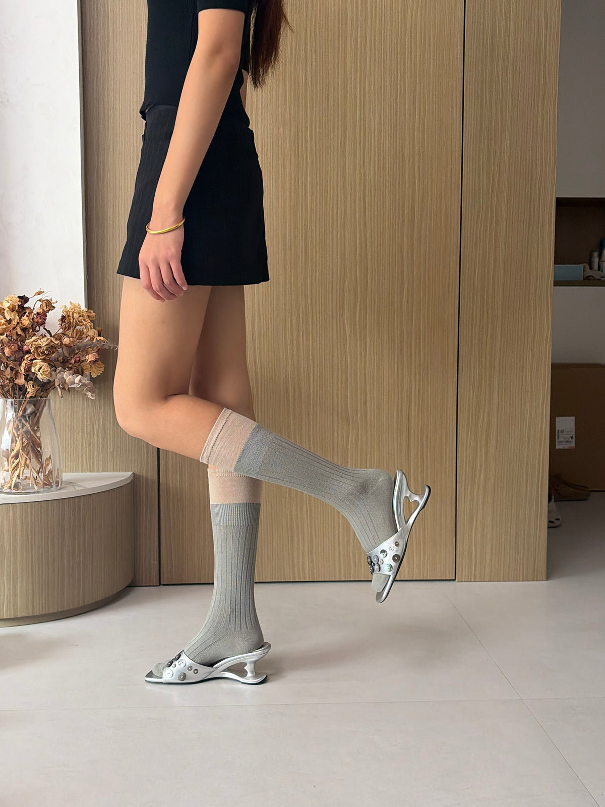 Grey & Taupe Ribbed Knee-High Sock