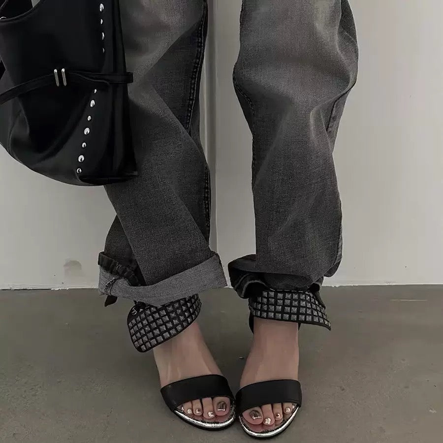 Black Studded Block-Heel Sandals