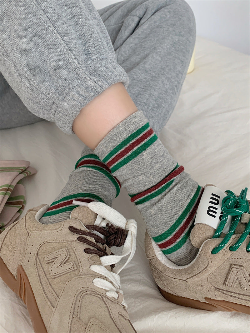 Preppy Colorblock Stripe Crew Socks – Unisex Cotton Mid-Calf Socks
