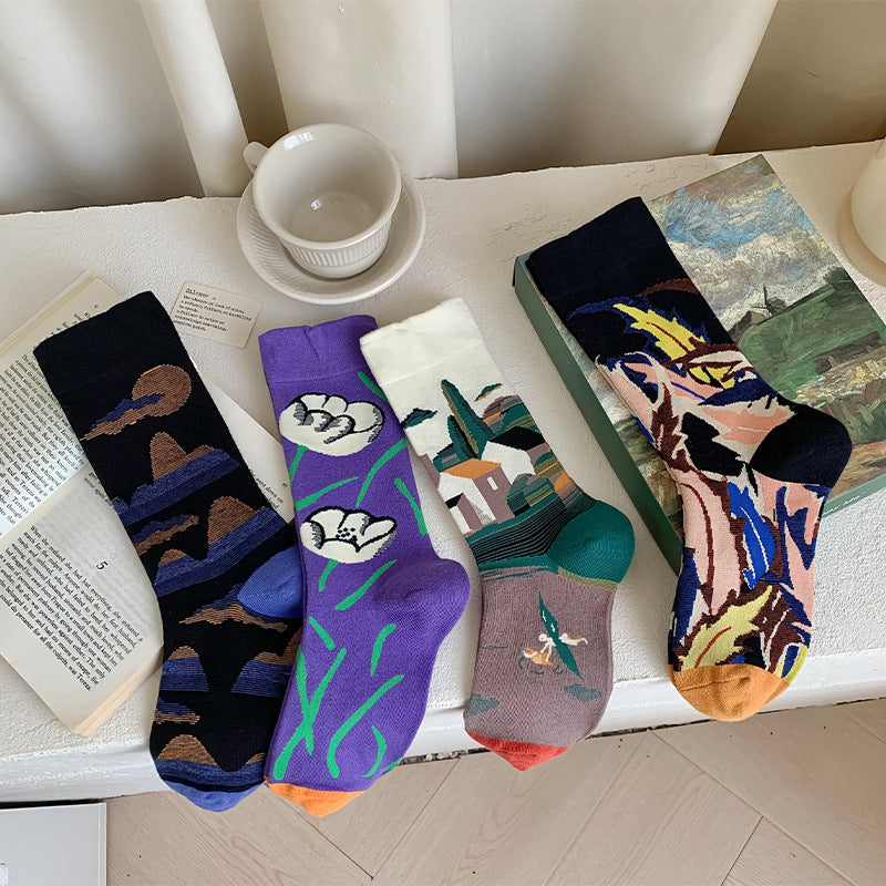 Vintage Art Inspired Crew Socks – Artistic Painting Pattern Cotton Socks for Women & Men