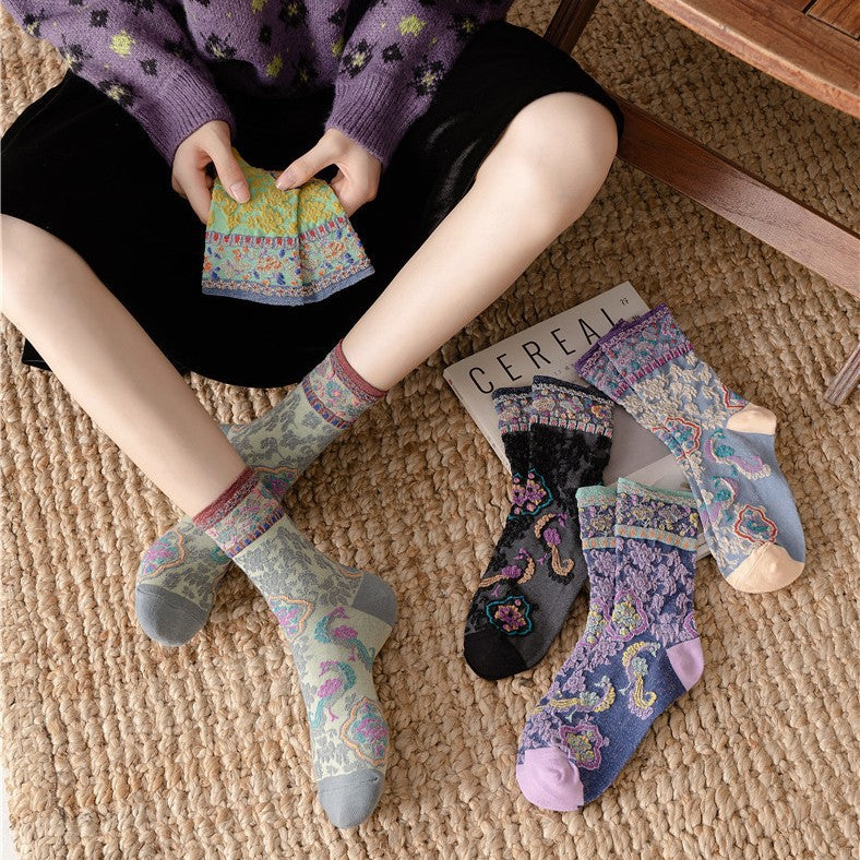 Vintage Floral Embroidered Crew Socks for Women – Glitter Cuff Sheer Jacquard Socks