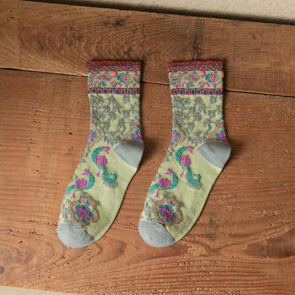 Vintage Floral Embroidered Crew Socks for Women – Glitter Cuff Sheer Jacquard Socks