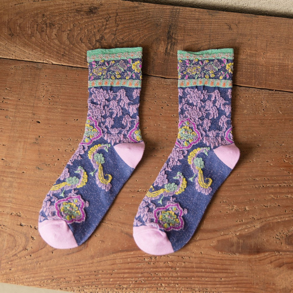 Vintage Floral Embroidered Crew Socks for Women – Glitter Cuff Sheer Jacquard Socks