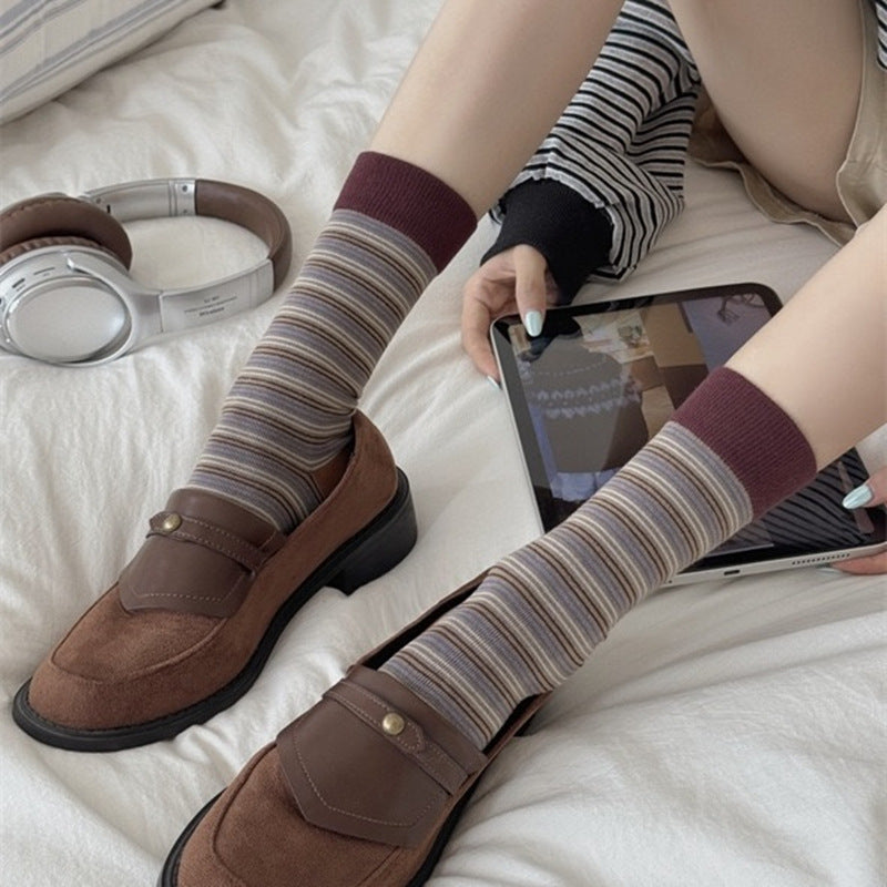 Retro Micro-Stripe Colorblock Crew Socks – Unisex Contrast Cuff Socks