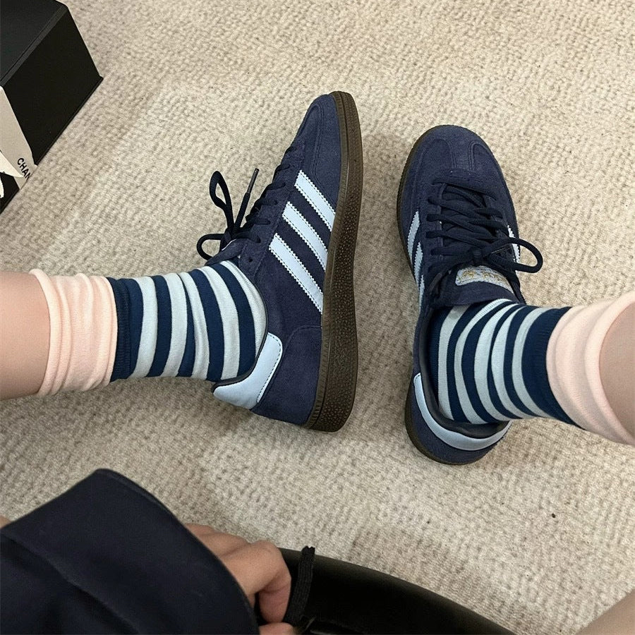 Women’s Striped Slouch Crew Socks – Contrast Cuff Cotton Mid-Calf Socks