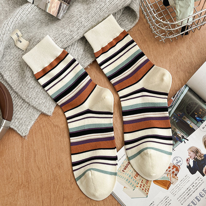 Retro Earth-Tone Striped Crew Socks – Unisex Cotton Mid-Calf Socks