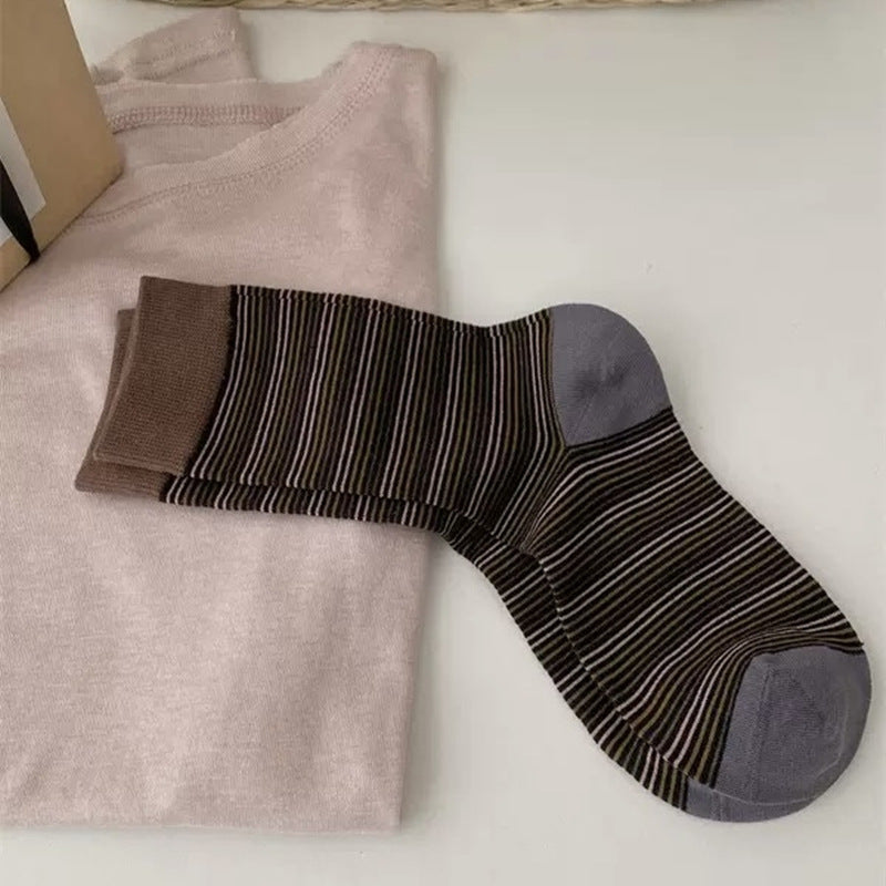 Retro Micro-Stripe Colorblock Crew Socks – Unisex Contrast Cuff Socks