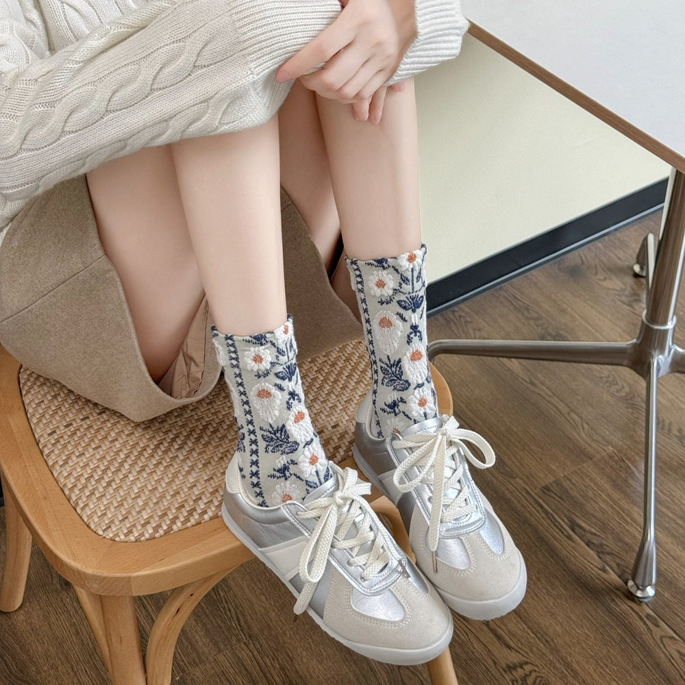 Vintage Floral Crew Socks – Women’s Breathable Mid-Calf Socks