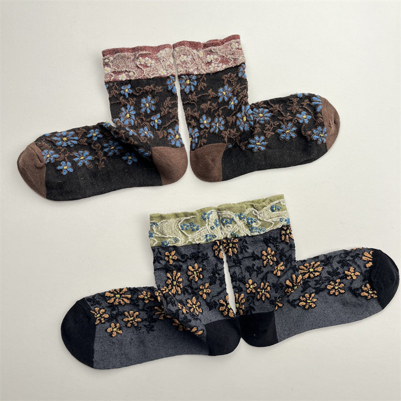 Vintage Raised Floral Sheer Crew Socks for Women – Contrast Jacquard Cuff Ankle Socks