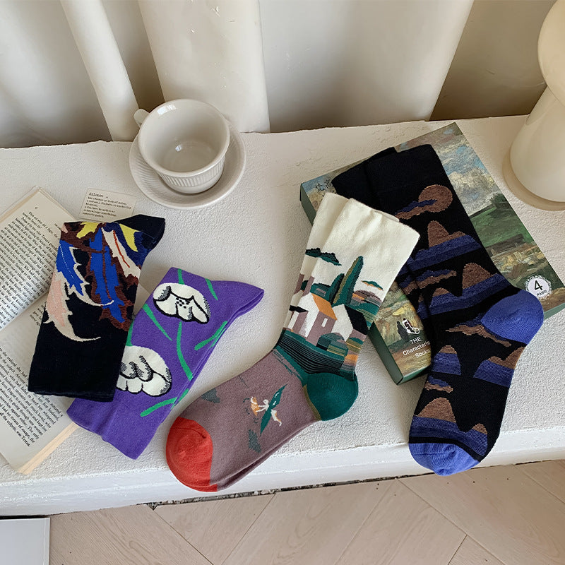 Vintage Art Inspired Crew Socks – Artistic Painting Pattern Cotton Socks for Women & Men