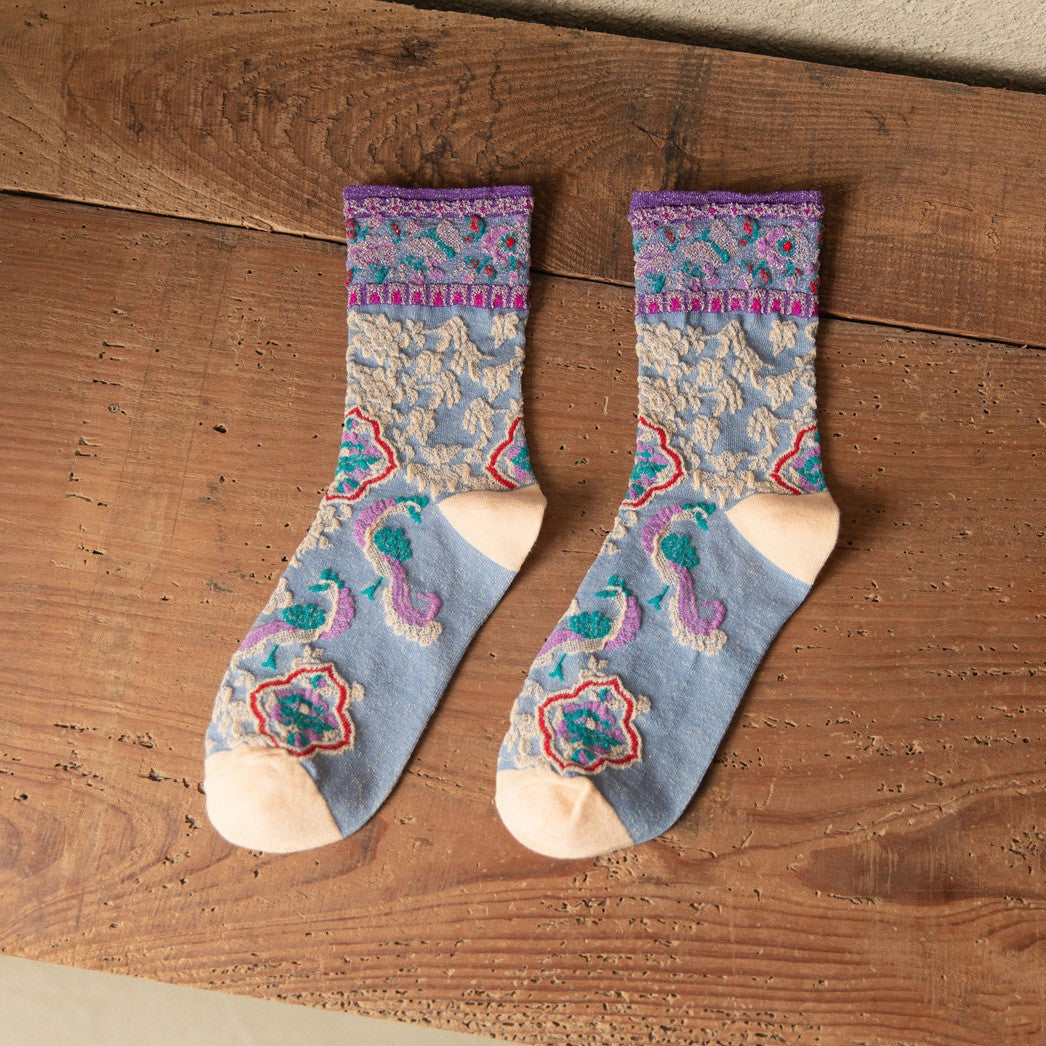 Vintage Floral Embroidered Crew Socks for Women – Glitter Cuff Sheer Jacquard Socks