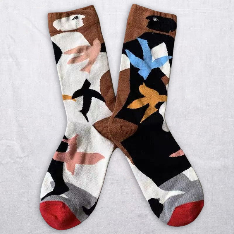 Whimsical Nature Art Crew Socks – Scenic, Floral & Striped Designs