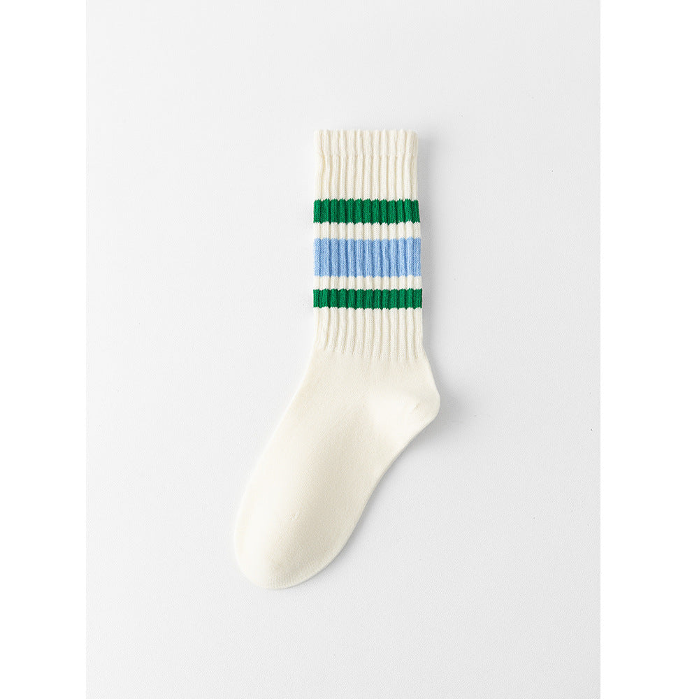 Retro Striped Cotton Crew Socks – Unisex Casual Mid-Calf Socks
