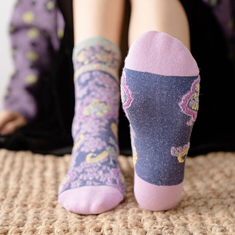 Vintage Floral Embroidered Crew Socks for Women – Glitter Cuff Sheer Jacquard Socks