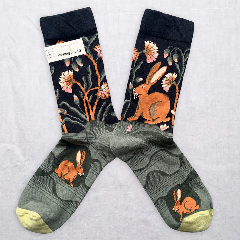 Whimsical Nature & Animal Pattern Crew Socks – 6 Artistic Designs