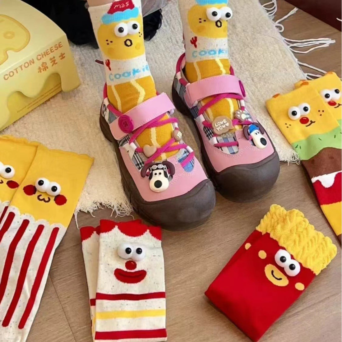 Cute Fast Food Cartoon Crew Socks – Fun Snack Pattern Cotton Socks