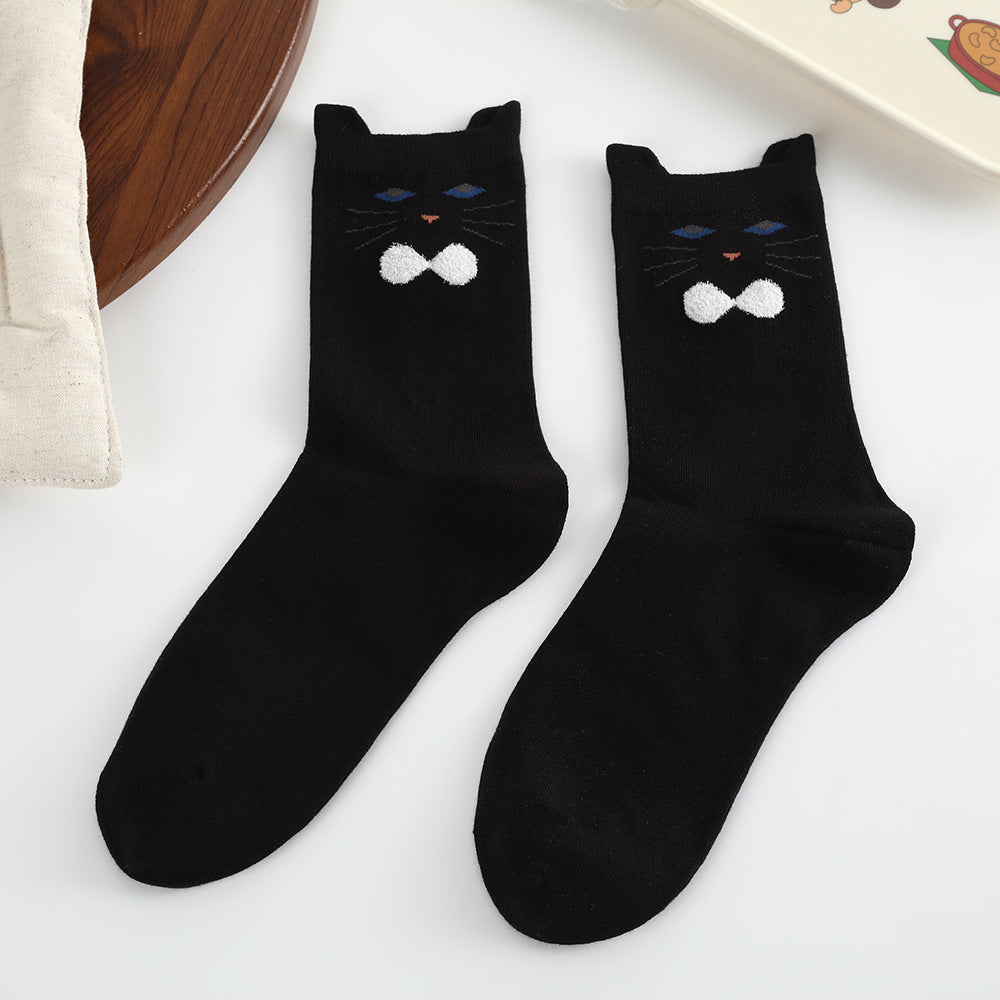 Cute 3D Cat Ear Crew Socks for Women - Soft Combed Cotton Mid-Calf Cartoon Socks