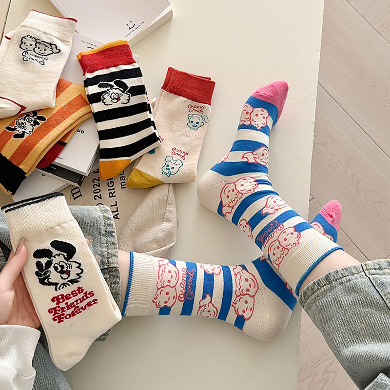 Cute Cartoon Crew Socks – Soft Striped & Bunny Print Women’s Socks