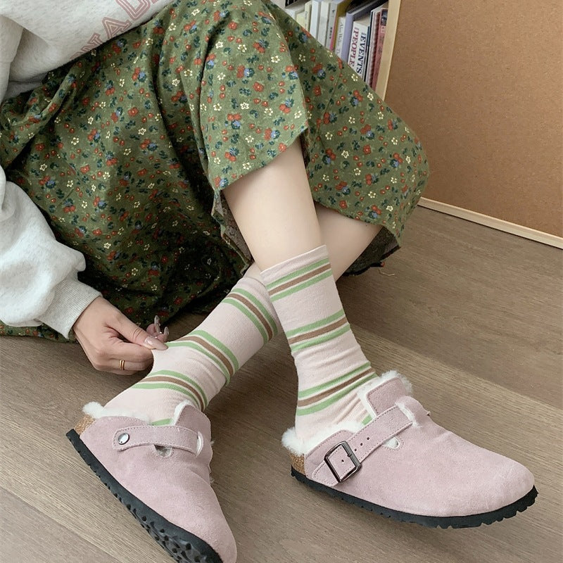 Preppy Colorblock Stripe Crew Socks – Unisex Cotton Mid-Calf Socks