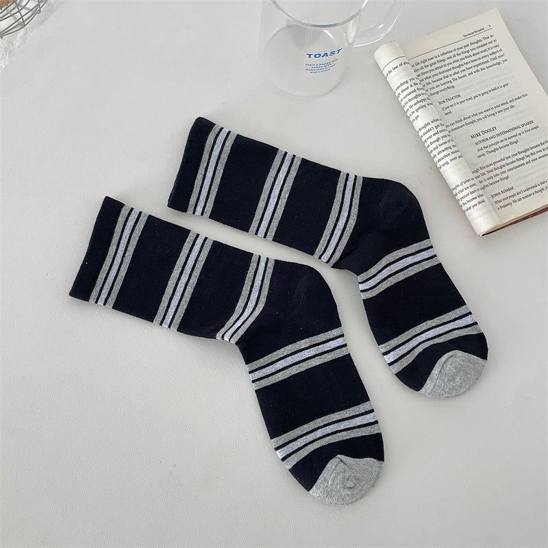 Preppy Colorblock Stripe Crew Socks – Unisex Cotton Mid-Calf Socks