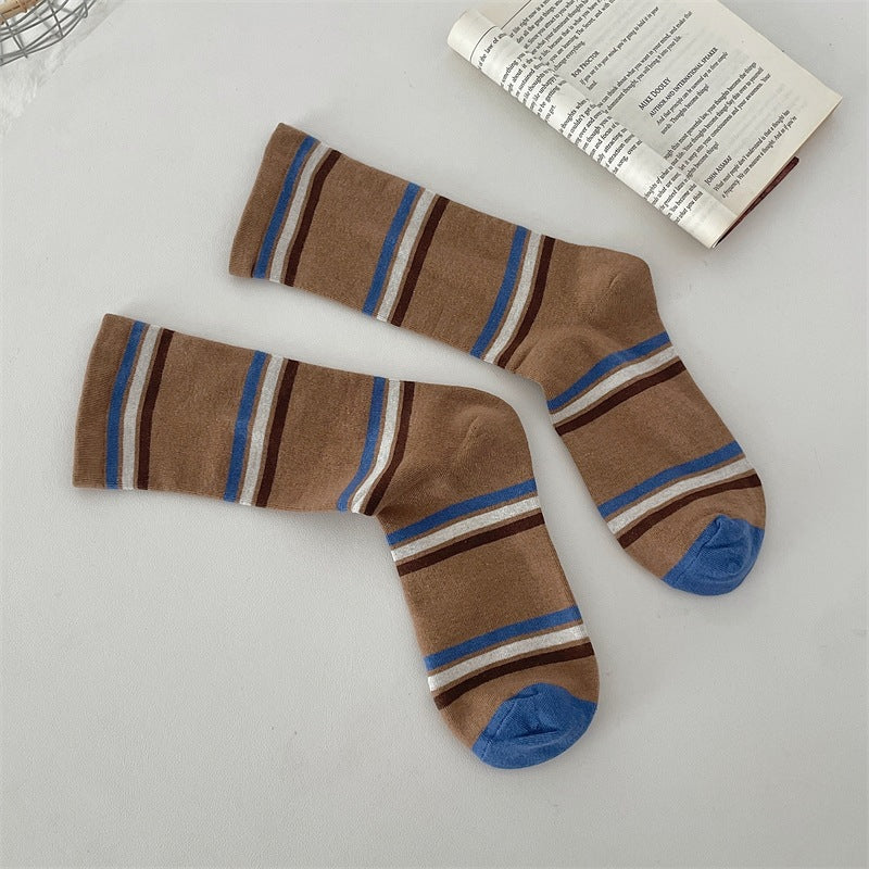 Preppy Colorblock Stripe Crew Socks – Unisex Cotton Mid-Calf Socks