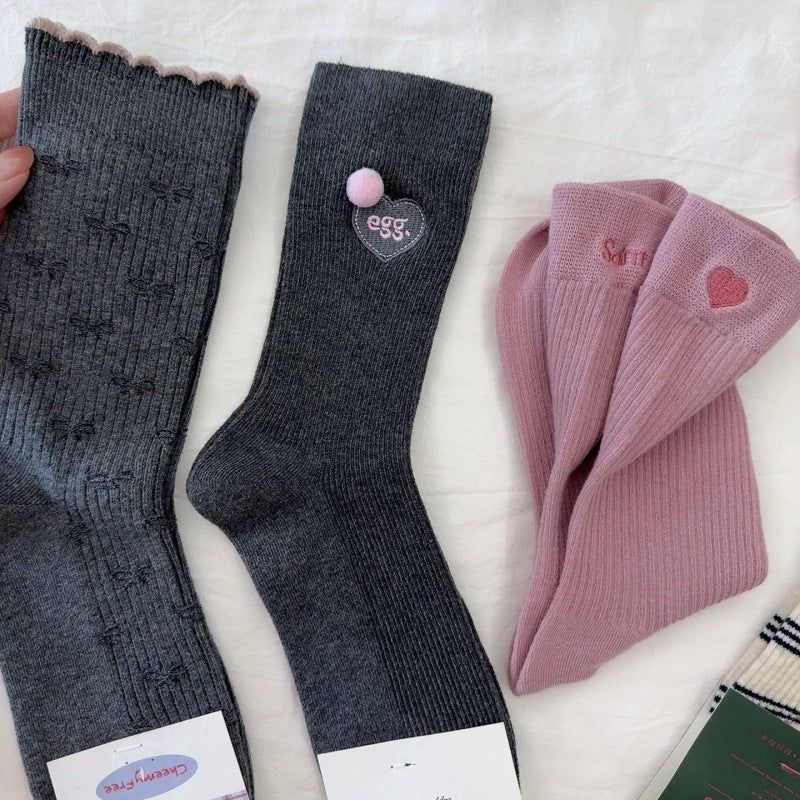 Vintage Pink & Grey Crew Socks for Women – Cute Embroidered Striped Mid-Calf Socks