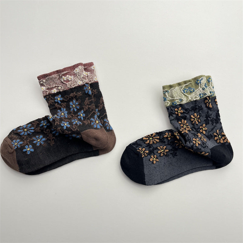 Vintage Raised Floral Sheer Crew Socks for Women – Contrast Jacquard Cuff Ankle Socks