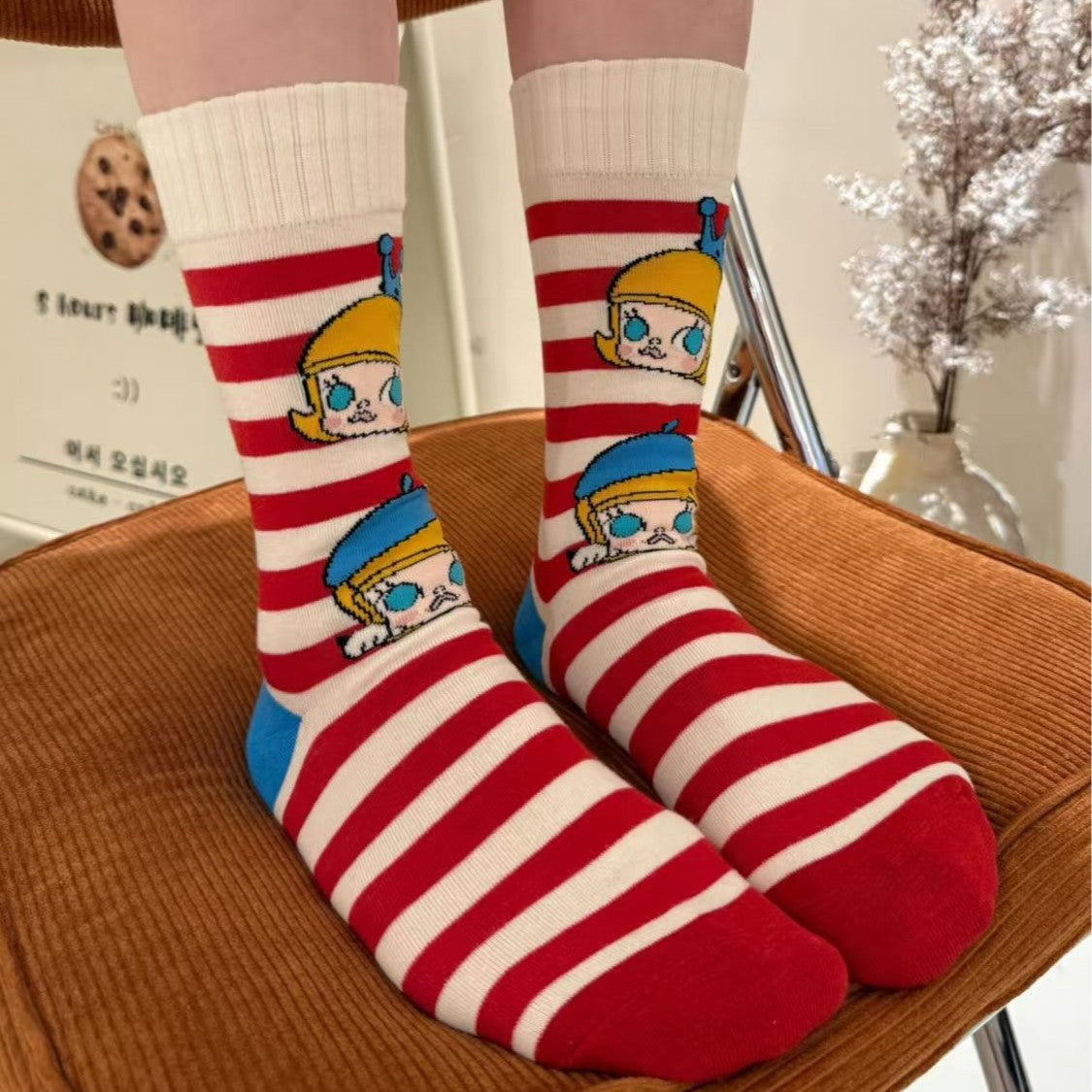 Playful Cartoon Crew Socks – Retro Striped & Polka Dot Women’s Socks
