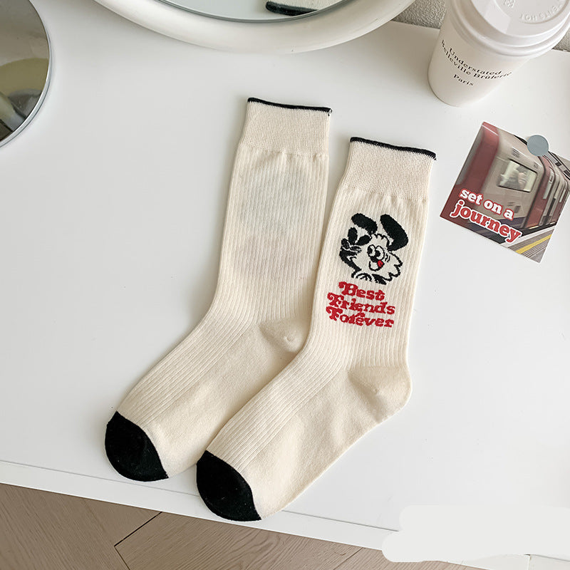 Cute Cartoon Crew Socks – Soft Striped & Bunny Print Women’s Socks