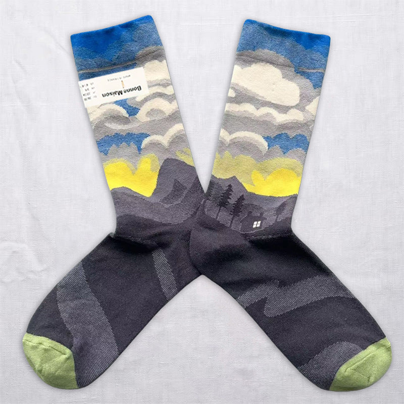 Artistic Floral & Landscape Crew Socks – 6 Unique Patterned Styles
