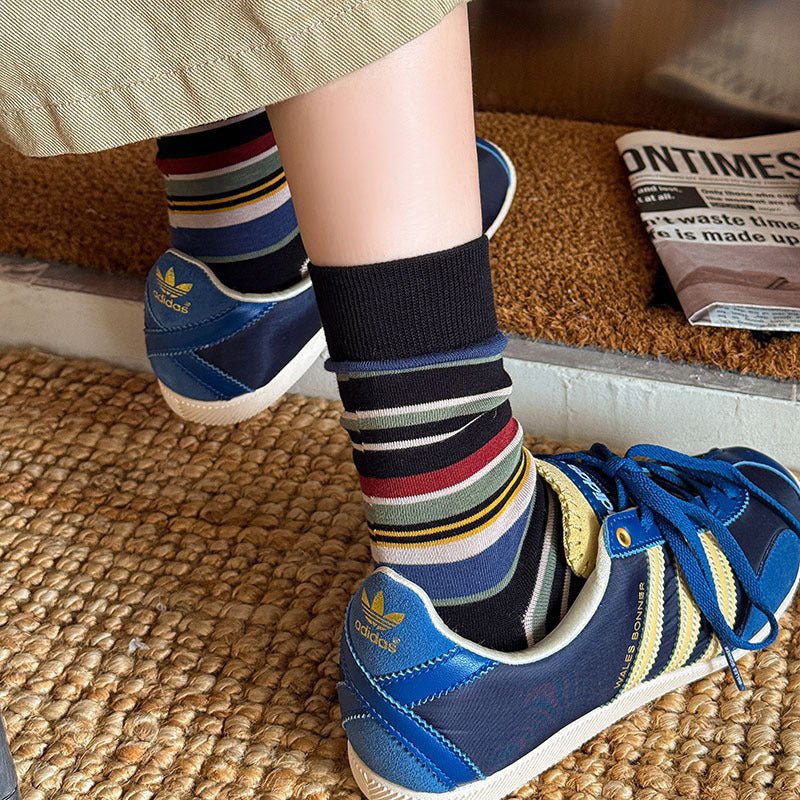 Retro Earth-Tone Striped Crew Socks – Unisex Cotton Mid-Calf Socks