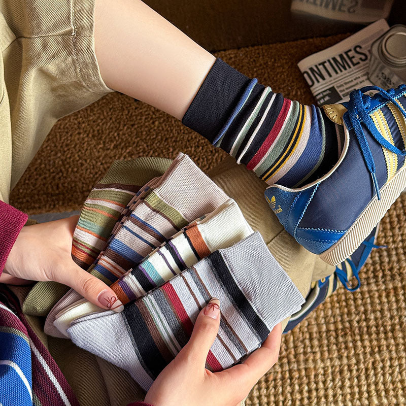 Retro Earth-Tone Striped Crew Socks – Unisex Cotton Mid-Calf Socks