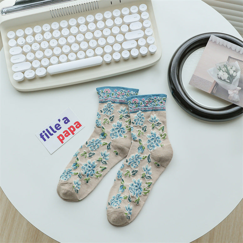 Vintage Floral Embroidered Crew Socks for Women – Sheer Textured Garden Socks