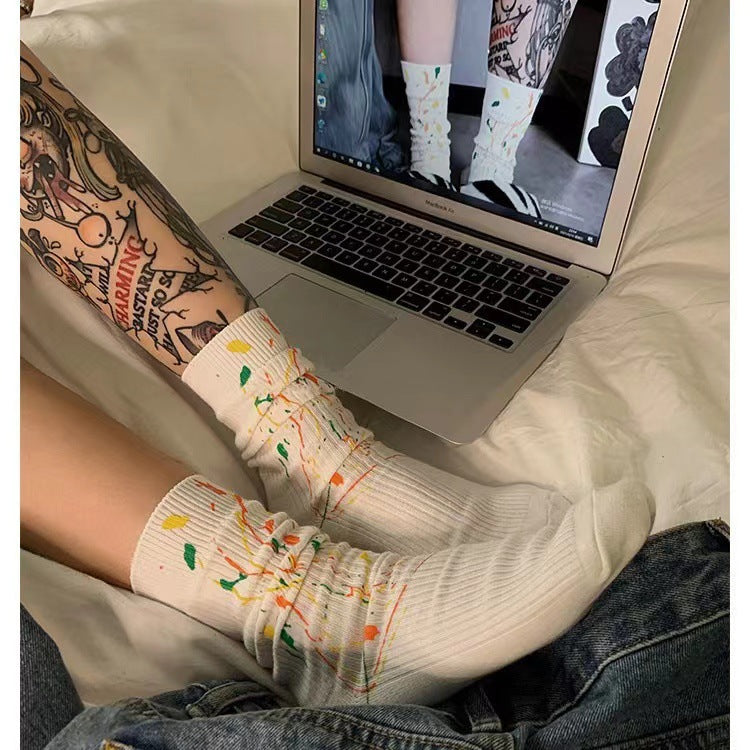 Abstract Graffiti Line Crew Socks for Women – Colourful Streetwear Mid-Calf Socks