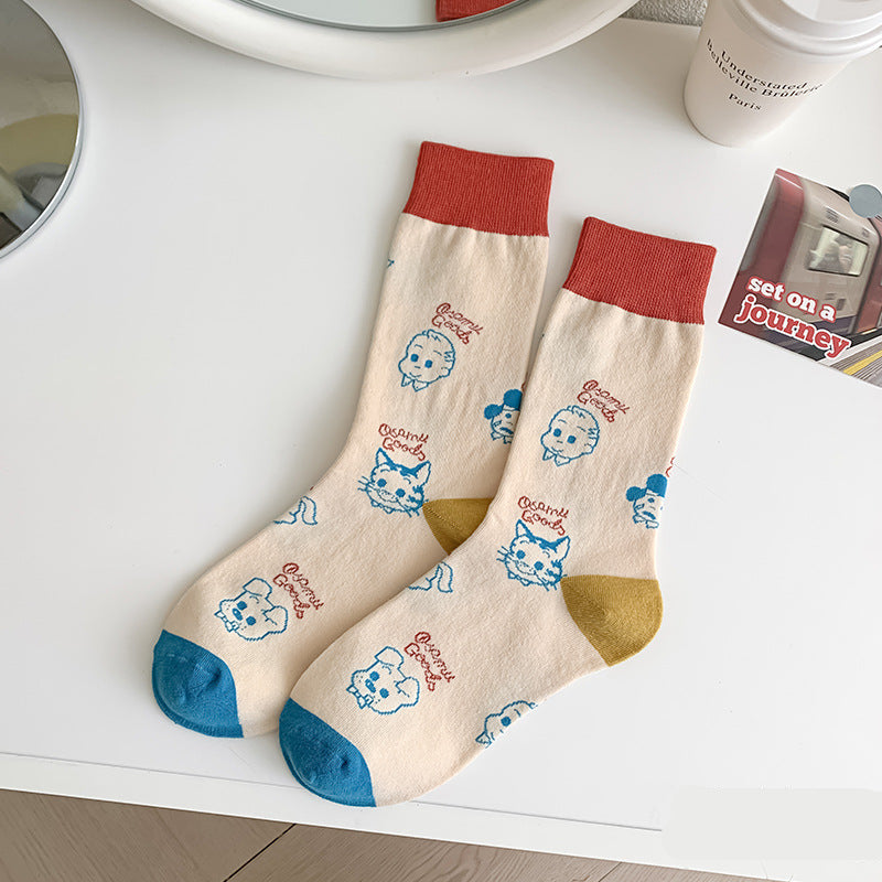 Cute Cartoon Crew Socks – Soft Striped & Bunny Print Women’s Socks
