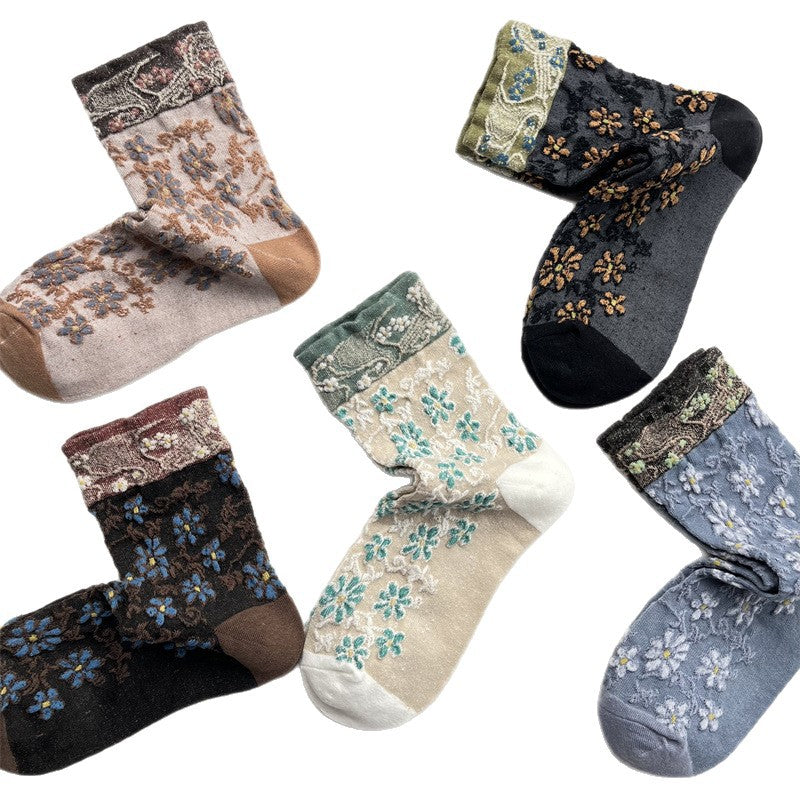 Vintage Raised Floral Sheer Crew Socks for Women – Contrast Jacquard Cuff Ankle Socks