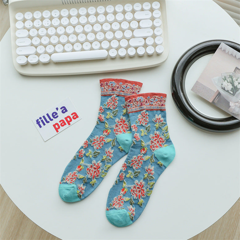 Vintage Floral Embroidered Crew Socks for Women – Sheer Textured Garden Socks