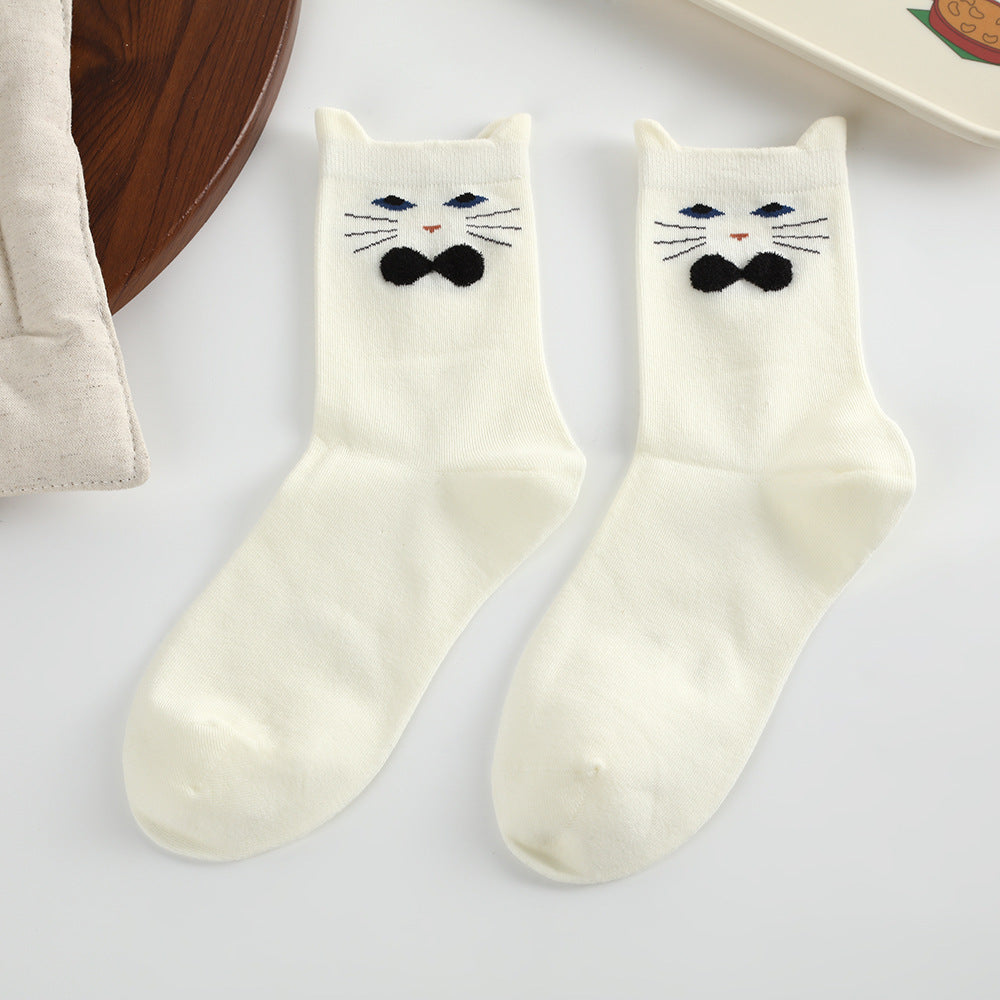 Cute 3D Cat Ear Crew Socks for Women - Soft Combed Cotton Mid-Calf Cartoon Socks