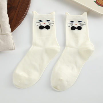 Cute 3D Cat Ear Crew Socks for Women - Soft Combed Cotton Mid-Calf Cartoon Socks