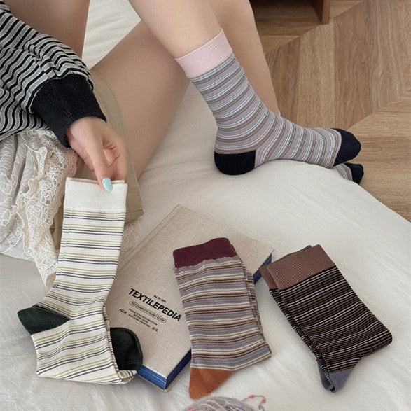Retro Micro-Stripe Colorblock Crew Socks – Unisex Contrast Cuff Socks