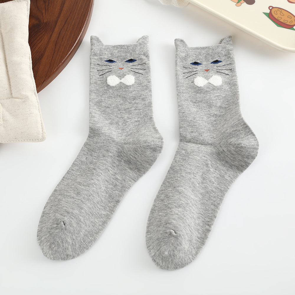 Cute 3D Cat Ear Crew Socks for Women - Soft Combed Cotton Mid-Calf Cartoon Socks