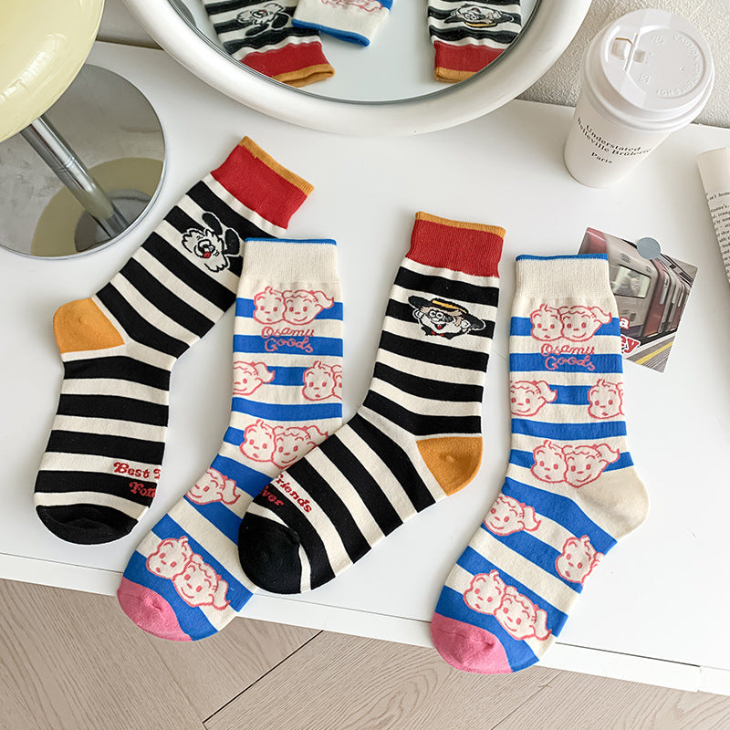 Cute Cartoon Crew Socks – Soft Striped & Bunny Print Women’s Socks
