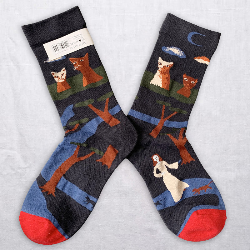 Whimsical Storybook Art Crew Socks – Animal, Floral & Woodland Designs