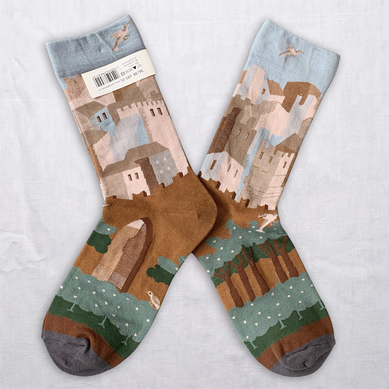 Whimsical Nature Art Crew Socks – Scenic, Floral & Striped Designs