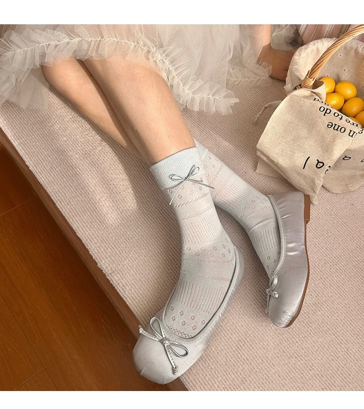 Bow Detail Ribbed Crew Socks for Women – Lightweight Cotton Slouch Socks