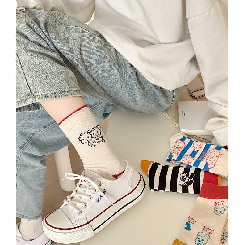 Cute Cartoon Crew Socks – Soft Striped & Bunny Print Women’s Socks