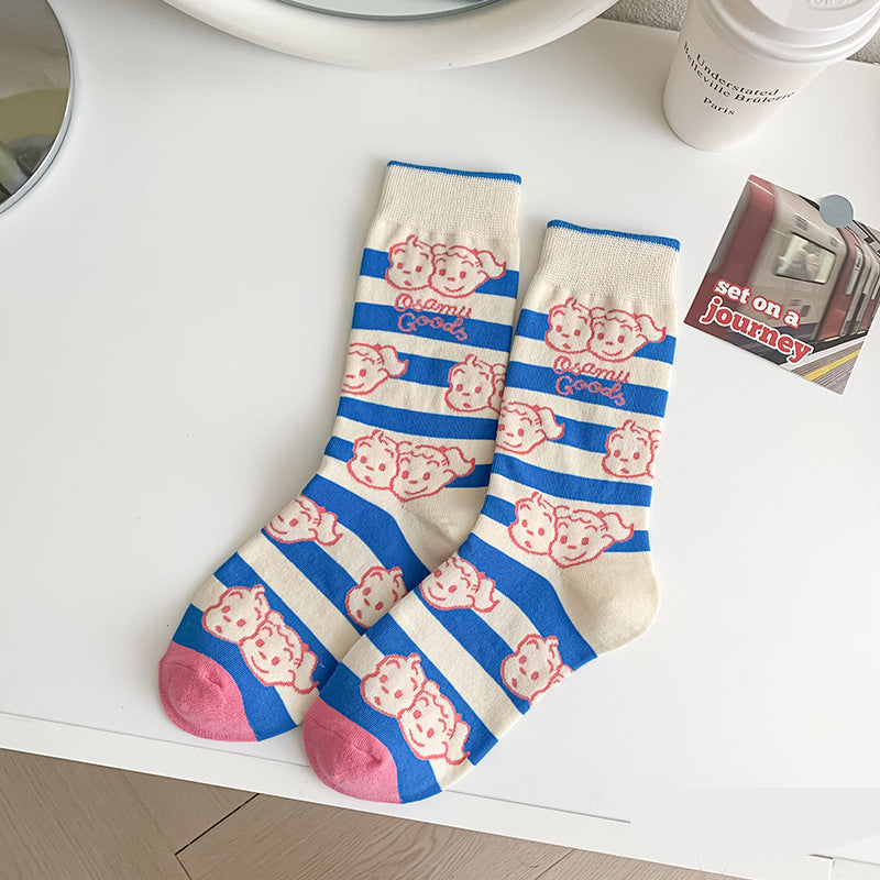 Cute Cartoon Crew Socks – Soft Striped & Bunny Print Women’s Socks