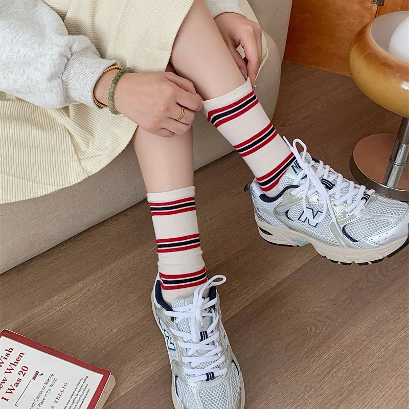 Preppy Colorblock Stripe Crew Socks – Unisex Cotton Mid-Calf Socks